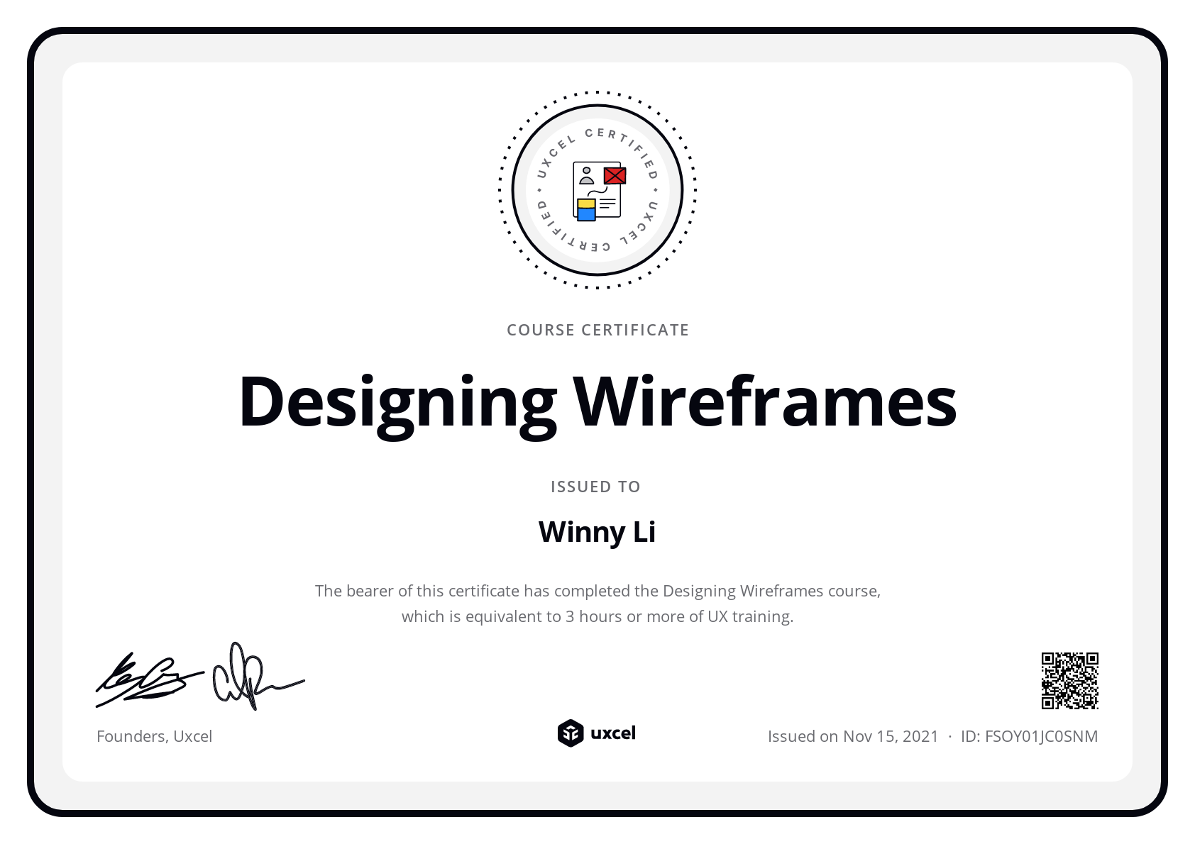 Winny Li's certificate